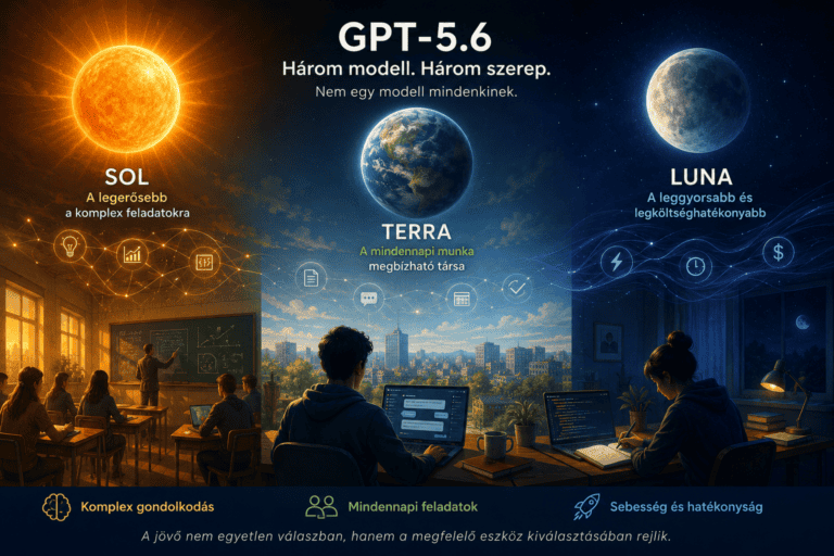 A GPT-5.6 Sol, Terra és Luna modelljeit bemutató illusztráció, amely a különböző mesterségesintelligencia-modellek eltérő szerepét szemlélteti.