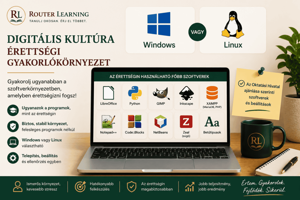 Digitális kultúra érettségi gyakorlókörnyezet Windows és Linux rendszeren, az Oktatási Hivatal ajánlása szerinti szoftverekkel.