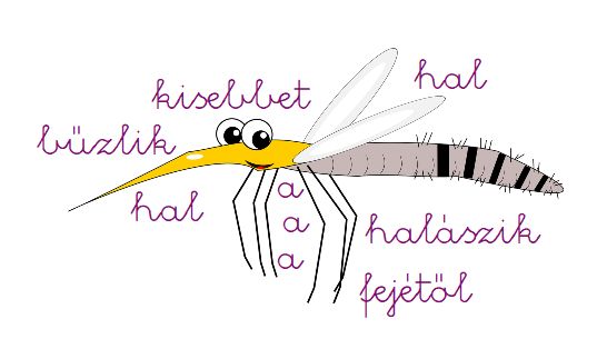 Egy szúnyog körül egy ismert szólás összekevert szavai láthatók.