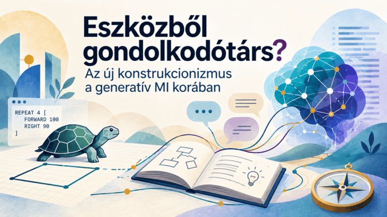 A Logo programozási nyelv teknőce geometriai alakzatot rajzol, mellette a generatív MI neurális hálózata – az új konstrukcionizmus szemléltetése.
