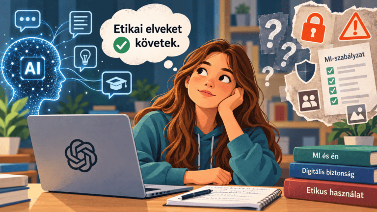 Gondolkodó tanuló laptop előtt, mellette az MI-használatra vonatkozó önértékelés, valamint az adatbiztonság és az etikus használat jelképei.
